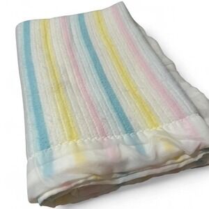 Vtg. Beacon Manuf. Co. baby blanket soft waffle weave pastel stripes satin trim